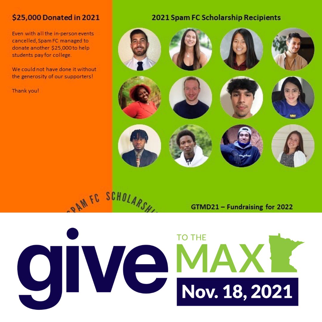 SPAM_FC's tweet photo. Give to the MAX Day is here! Consider a donation to the Spam FC Scholarship Foundation today!

In 2021 we donated 12 scholarships and are planning even more for 2022! 

https://t.co/VvEsQ8Acpa

Like, share, donate!  #spamfc #scholarship #GTMD21 https://t.co/IUmj7FolmR