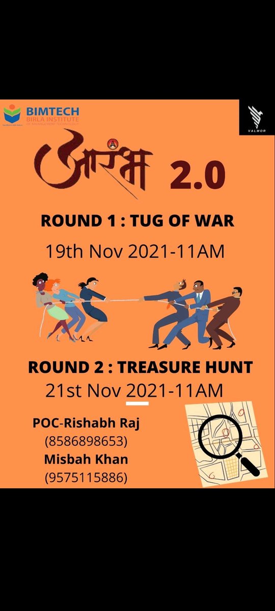 ValMorBimtech's tweet photo. Valmor is organising an event . 

               🔥 *AARAMBH 2.O*.🔥

It is the platform for the students to show their muscle💪🏻 and mental🧠 power. 

We have two rounds to check your mettle: 

       🎉 *SQUID GAME (Tug of War).* 🎉

                🥳 *TREASURE HUNT.*🥳 https://t.co/HLkdcvgljQ