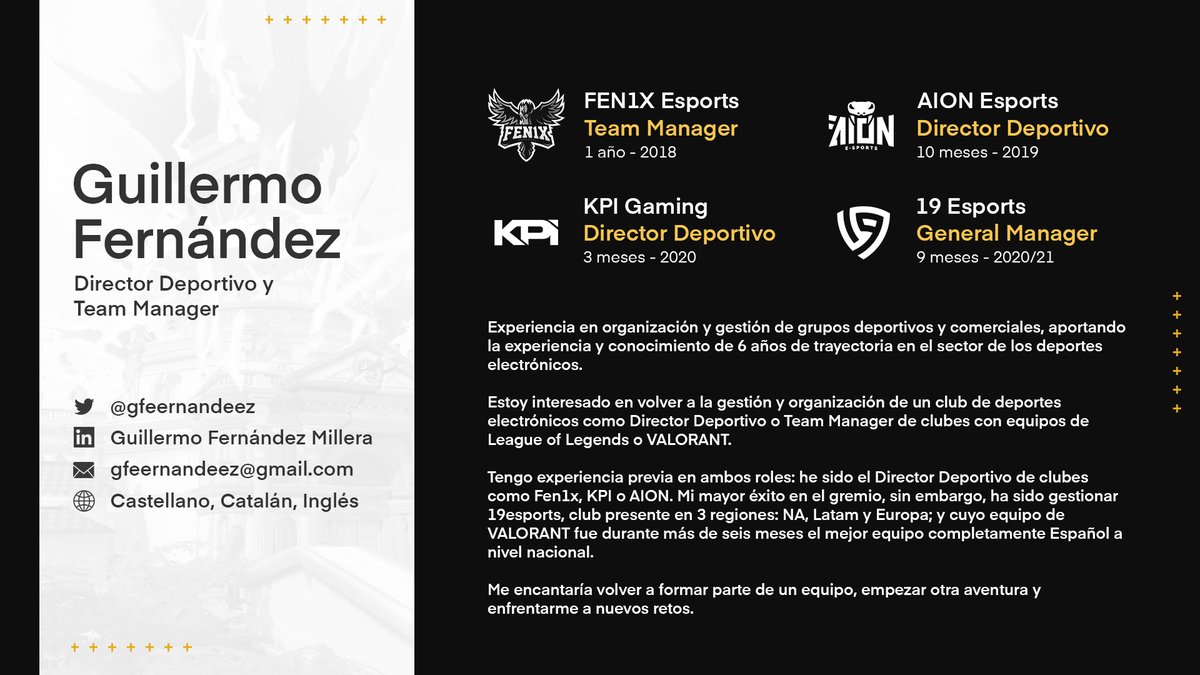 gfeernandeez's tweet photo. Quiero anunciar que sigo abierto a ofertas de cara a 2022 como Director Deportivo o Team Manager (Valorant o League Of Legends).

Contacto: MD o gfeernandeez@gmail.com 

Se agradece RT y apoyo. https://t.co/FL5qRzn1j3