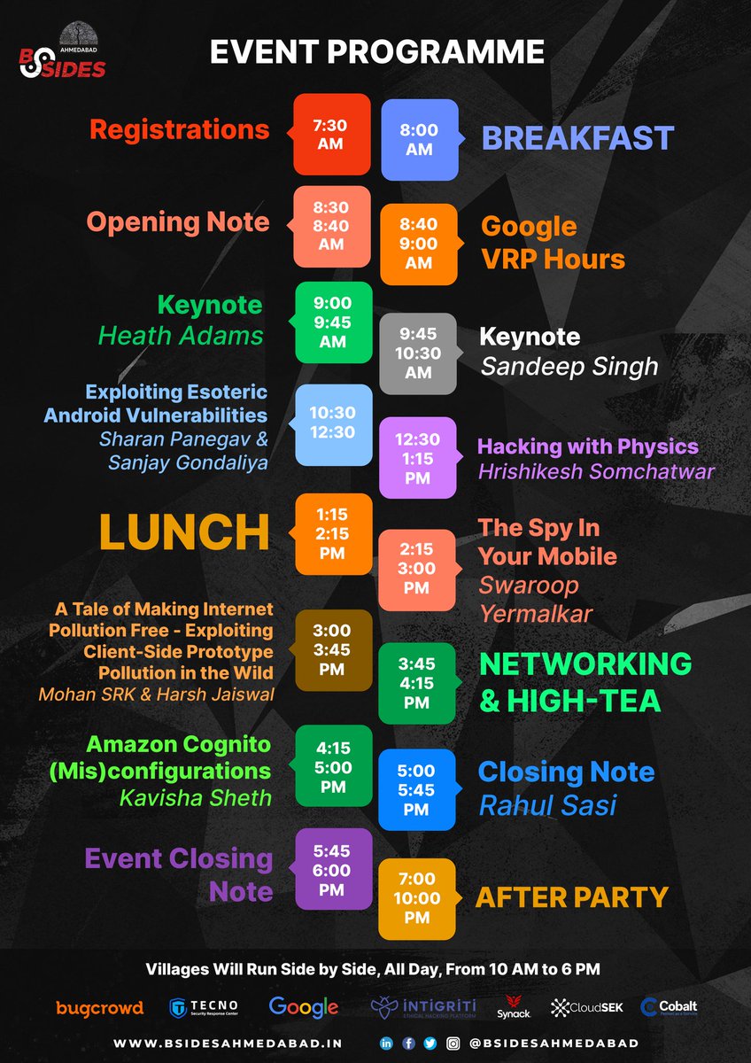 bsidesahmedabad's tweet photo. BSides Ahmedabad 0x02 Event Programme ⬇️

The registration desk opens at 7.30 AM on 26th November.

#BSidesAhmedabad2021 #EventSchedule https://t.co/esflASPvqJ