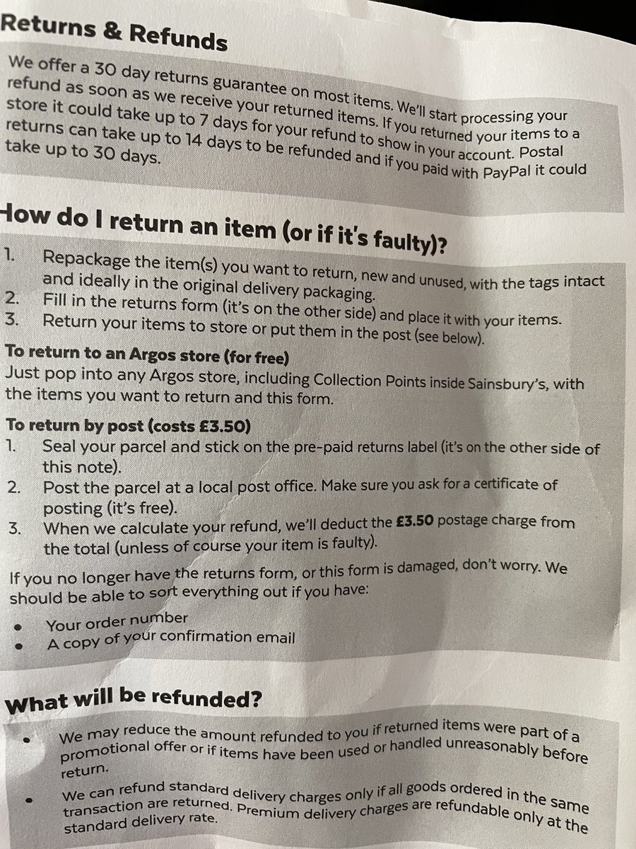 jessieread's tweet photo. @ArgosHelpers Is this not your return policy? It’s on the back of your Delivery slip. https://t.co/q4XDzhQTZ4