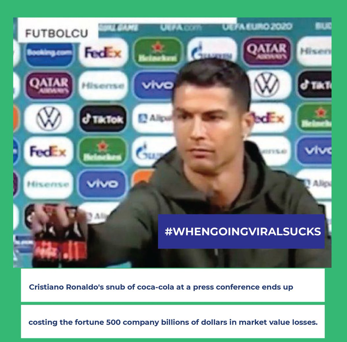 During a press conference #christianoronaldo famously told audiences around the world not to drink <a href="/cocacola/">Coca-Cola</a> because its bad for you. The public rip cost the fortune 500 company billions in market value losses that day. #soccer #football #futbol #whengoingviralsucks