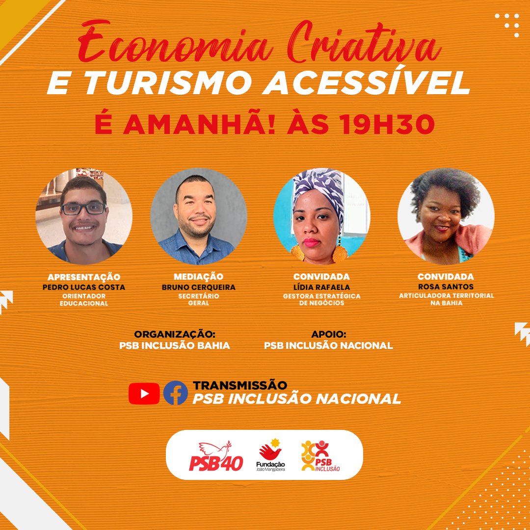 incluaaopsbba's tweet photo. Amanhã, às 19:30 no facebook e no youtube vai ter mais uma live do PSB Inclusão Bahia: "Economia Criativa e Turismo Acessível", com Pedro Lucas, Bruno Cerqueira, Lídia Rafaela e Rosa Santos.

#PraCegoVer Card com título, participantes, transmissâo e horário da live. https://t.co/cFedQp55z5