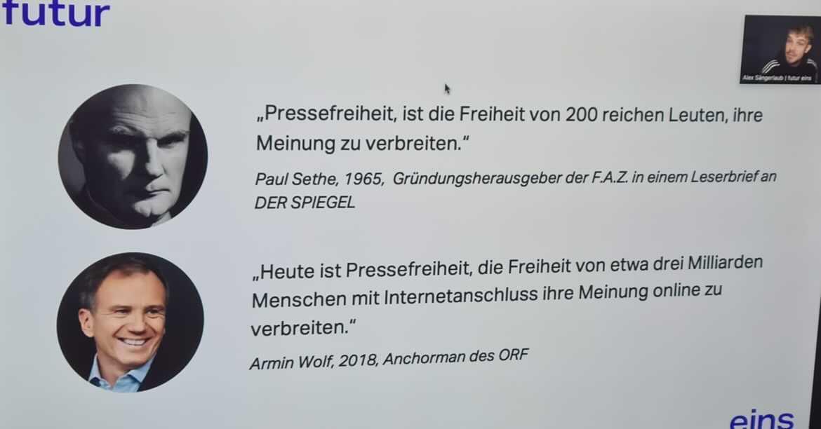 Spannende Zitate zum Einstieg des Vortrags von <a href="/_alexfuture/">Alex Sängerlaub</a> bei unserer Herbsttagung "Wahrheit - Auslegungssache?"
#desinformation #nachrichtenkompetenz 
#Pressefreiheit