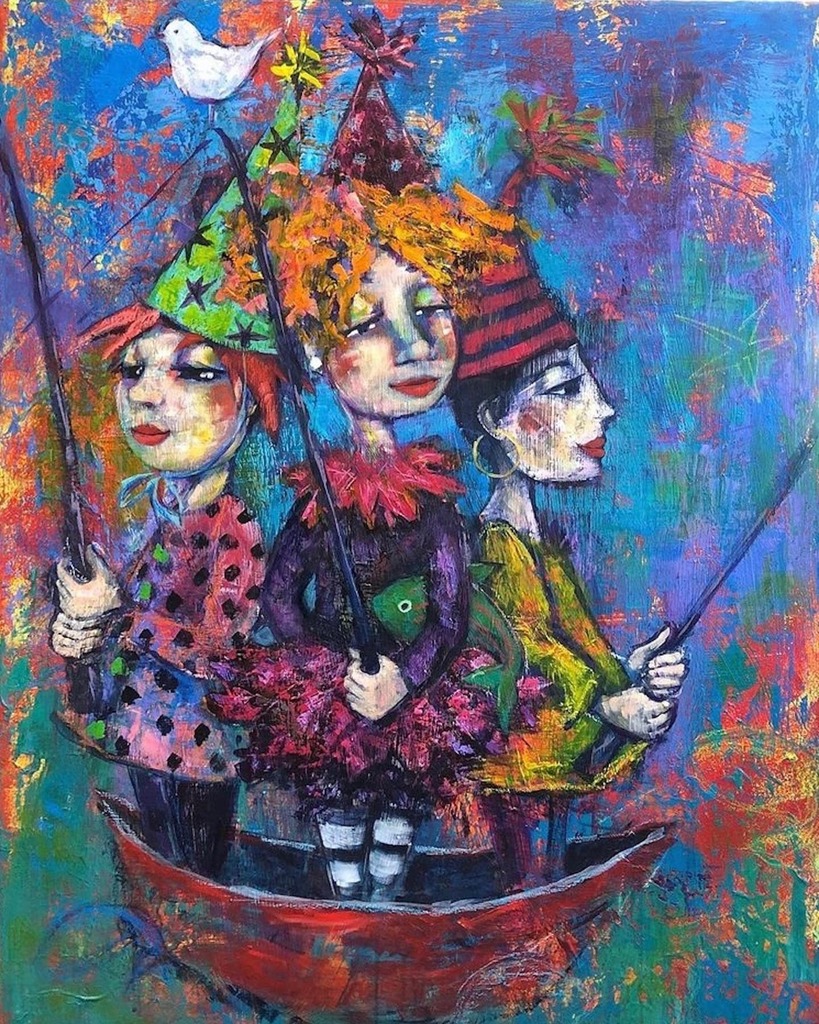 r_contemporary's tweet photo. Sandee Ewasiuk's colourful, uplifting paintings are pure joy.  Welcome Sandee to Rodrigues Contemporary.  Shown here: "Fishing Trip". https://t.co/2aHVswRLzd https://t.co/kow5x1w5LU