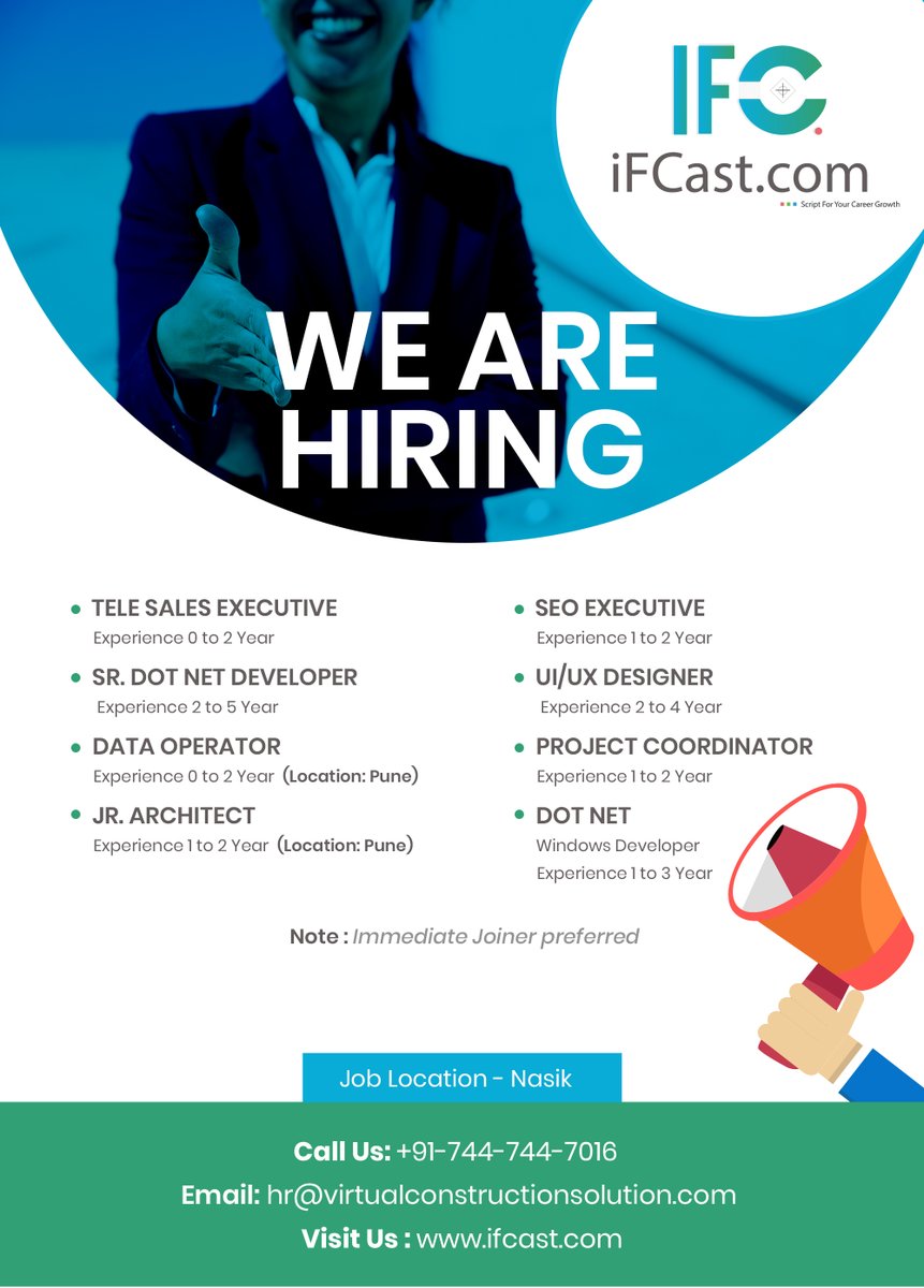 We are hiring for multiple positions at our #nashik & #pune location.
send in your resume at hr@virtualconstructionsolution.com
Call Us: +917447447016
visit Us:- ifcast.com

#immediatejoiner #project #careeropportunities #hr #hiring #experience #architect #resume