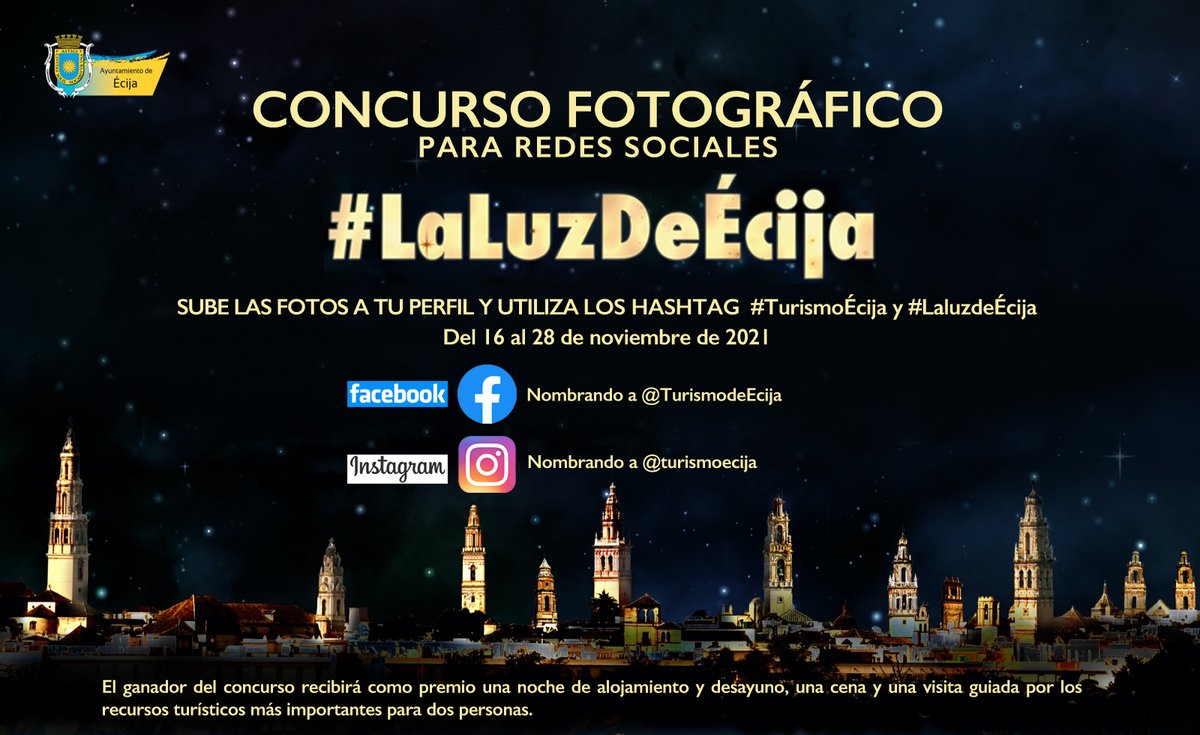 Queremos que participes en el concurso fotográfico #LaLuzDeÉcija ¿Cómo puedes hacerlo? 🤔
Sube y comparte tu 📸 utilizando  #LaLuzDeÉcija y #TurismoÉcija y nómbranos. 
Tienes hasta el 28 de noviembre para participar‼️
#TurismoÉcija #CiudaddelasTorres