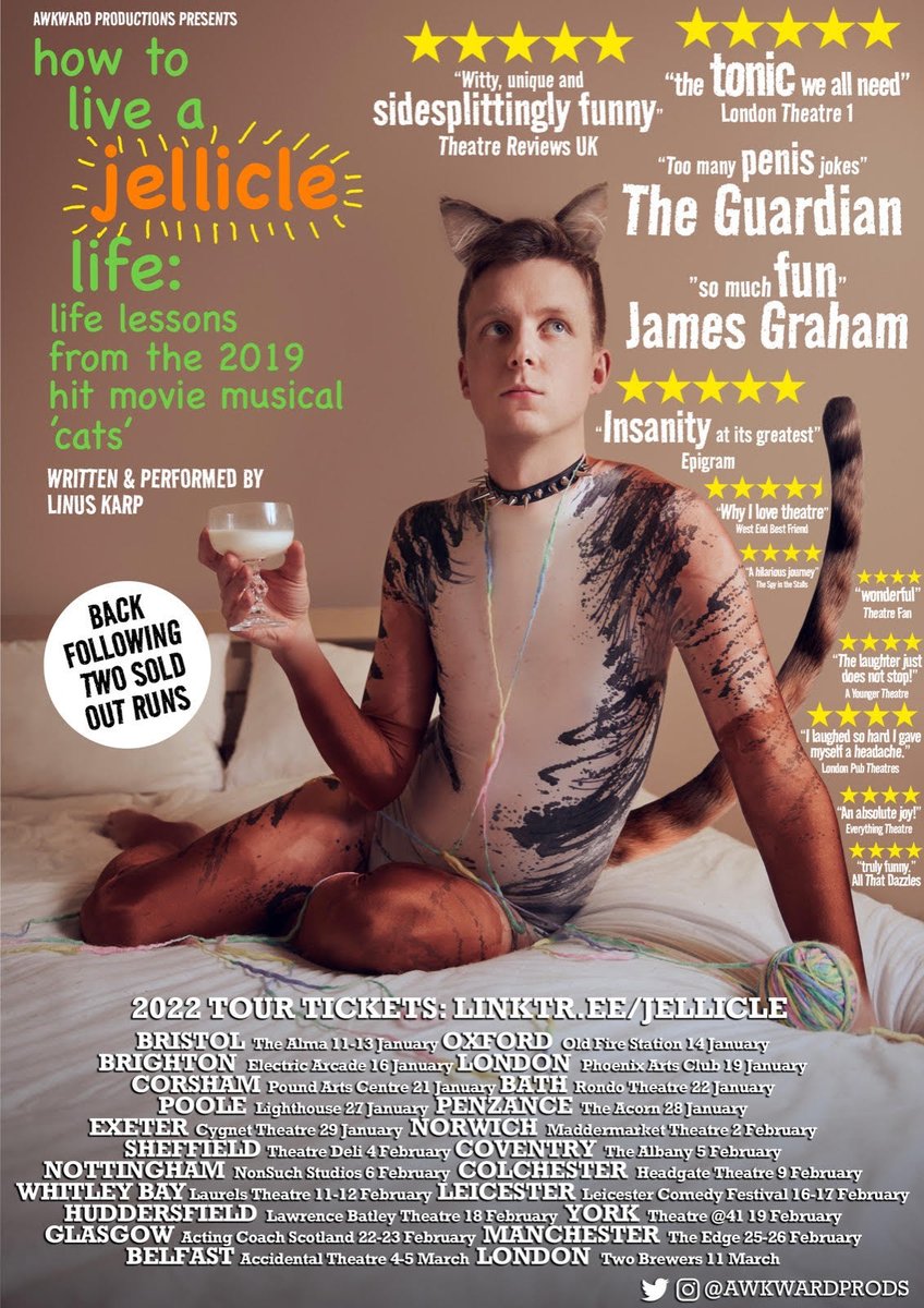 🚨ANNOUNCEMENT TIME🚨
BOOM! The jellicle show is BACK!

Touring 22 jellicle venues ALL over the UK (holy hairballs!) - from Belfast to Colchester, Glasgow to Penzance - we are coming for you!

Tell everyone you know! Support the show &amp; get your tickets at:
linktr.ee/jellicle