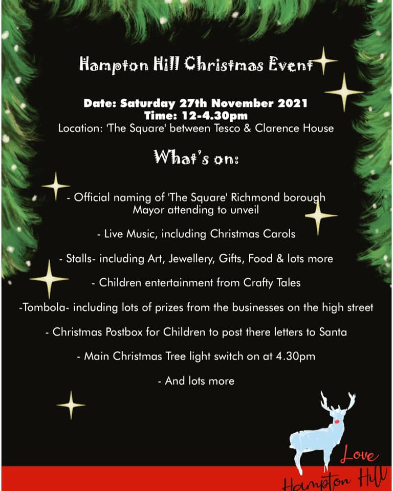 MiD_Mediation's tweet photo. SAVE THE DATE AND SUPPORT YOUR LOCAL COMMUNITY

This year we will be celebrating the Hampton Hill Christmas Event on Saturday 27 November. The fun starts at 12.00pm

@LoveHamptonHill 

 #christmas #christmasevent #hamptonhill #santa #livemusic #stalls #festiveseason #lightupevent https://t.co/tzQvaDiMxo