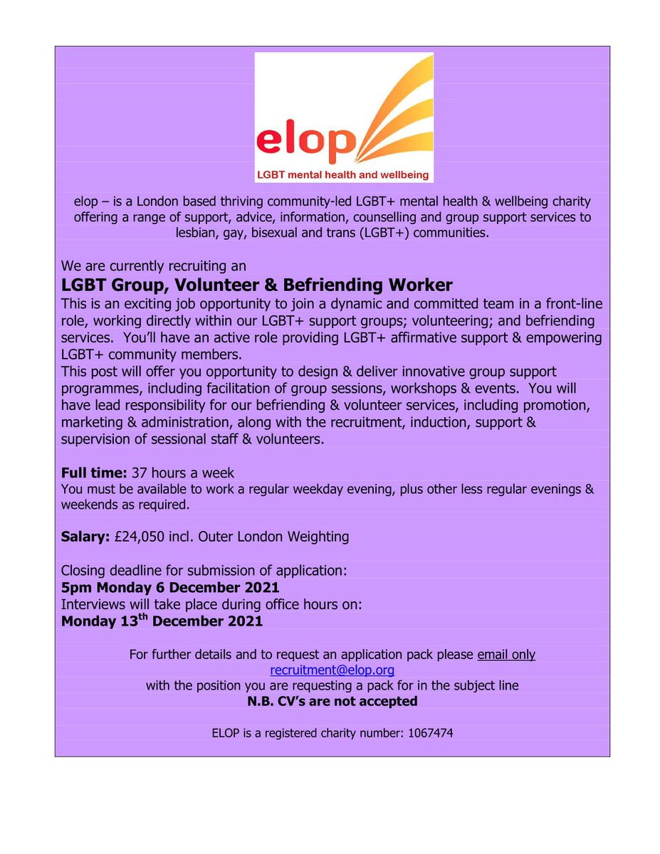 ELOP_LGBT's tweet photo. Please RT! We're hiring!  Come &amp; join our team as our LGBT+ Group, Volunteer and Befriending Worker.   Exciting job that will put you at the centre of supporting volunteers  &amp;  running direct services.   Email recruitment@elop.org to receive the application pack. @LGBTConsortium https://t.co/erVrA6F5fD