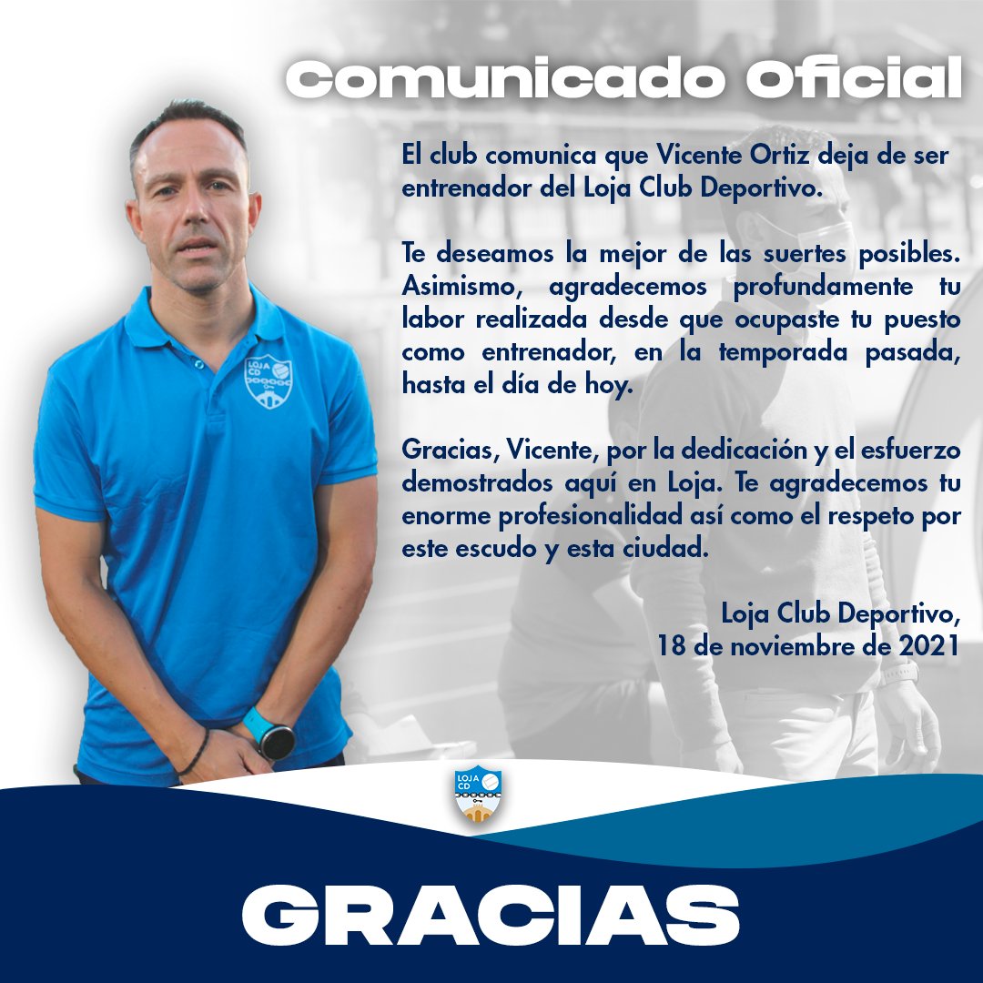 LojaCD's tweet photo. โญ๏ธ COMUNICADO OFICIAL | Vicente Ortiz deja de ser entrenador del Loja Club Deportivo.
๐ ยกGracias por tu profesionalidad y el respeto al Loja CD!
๐ ยกMucha suerte en el futuro!
#LojaCD https://t.co/5zU8jpEeaR