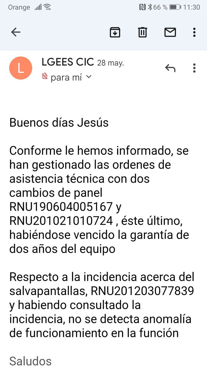 Chechu_Cdf's tweet photo. @RafaKOKE @lgespana Y cuando no es solo lo que falla a los 2 años y un mes, tienes garantía extra de 3 meses y salta el salvapantallas mientras ves la TV (les envío video donde se oye la TV pero no se ve la imagen, solo el salvapantallas) y te responden esto, que cara se te queda. https://t.co/hl8mMuFm6o
