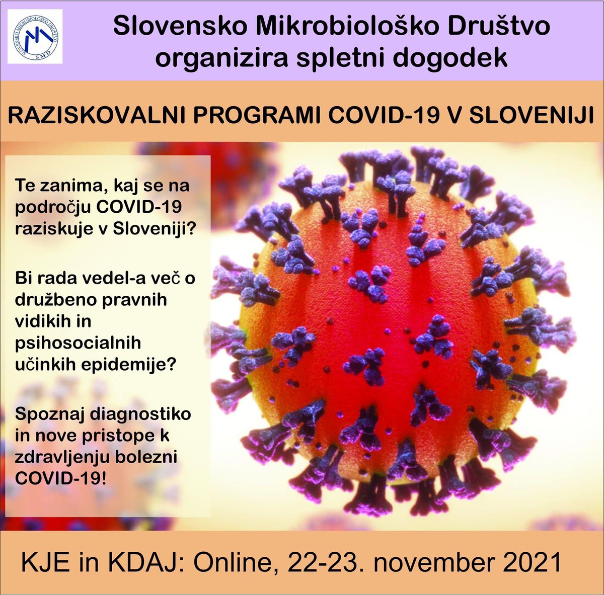 COVID DOGODEK LETA!

Zbrane raziskave na temo COVID-19 v Sloveniji, ki jih bodo predstavili raziskovalci iz različnih področij. Od diagnostike, psihosocialnih učinkov do novih pristopov zdravljenja. Vabljeni :)

Povezavo do dogodka in program dobite na: smd.si/wp-content/upl…