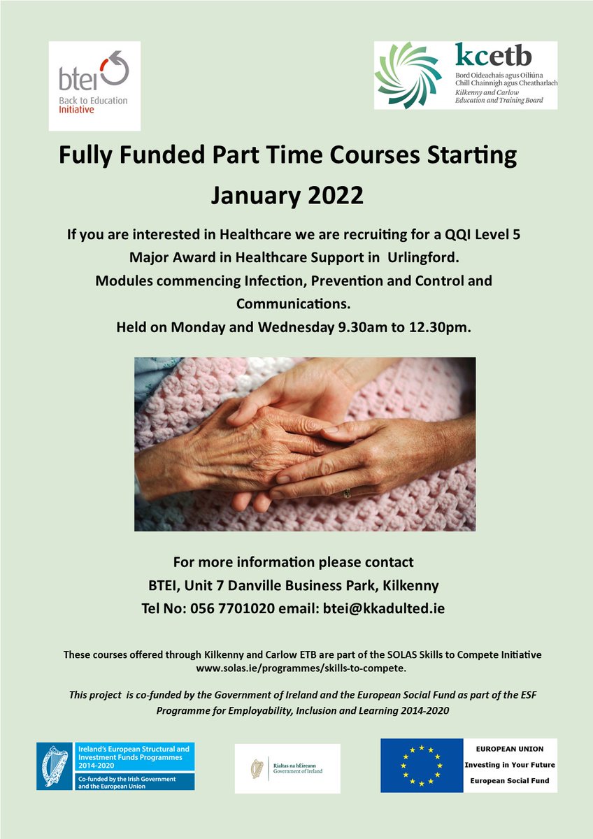 millfrcmc's tweet photo. Healthcare course commencing January 2022.  Contact BTEI or the Centre for more information.

#millfrc #btei #healthcare #education #kilkenny https://t.co/nXdZk3ZdF8