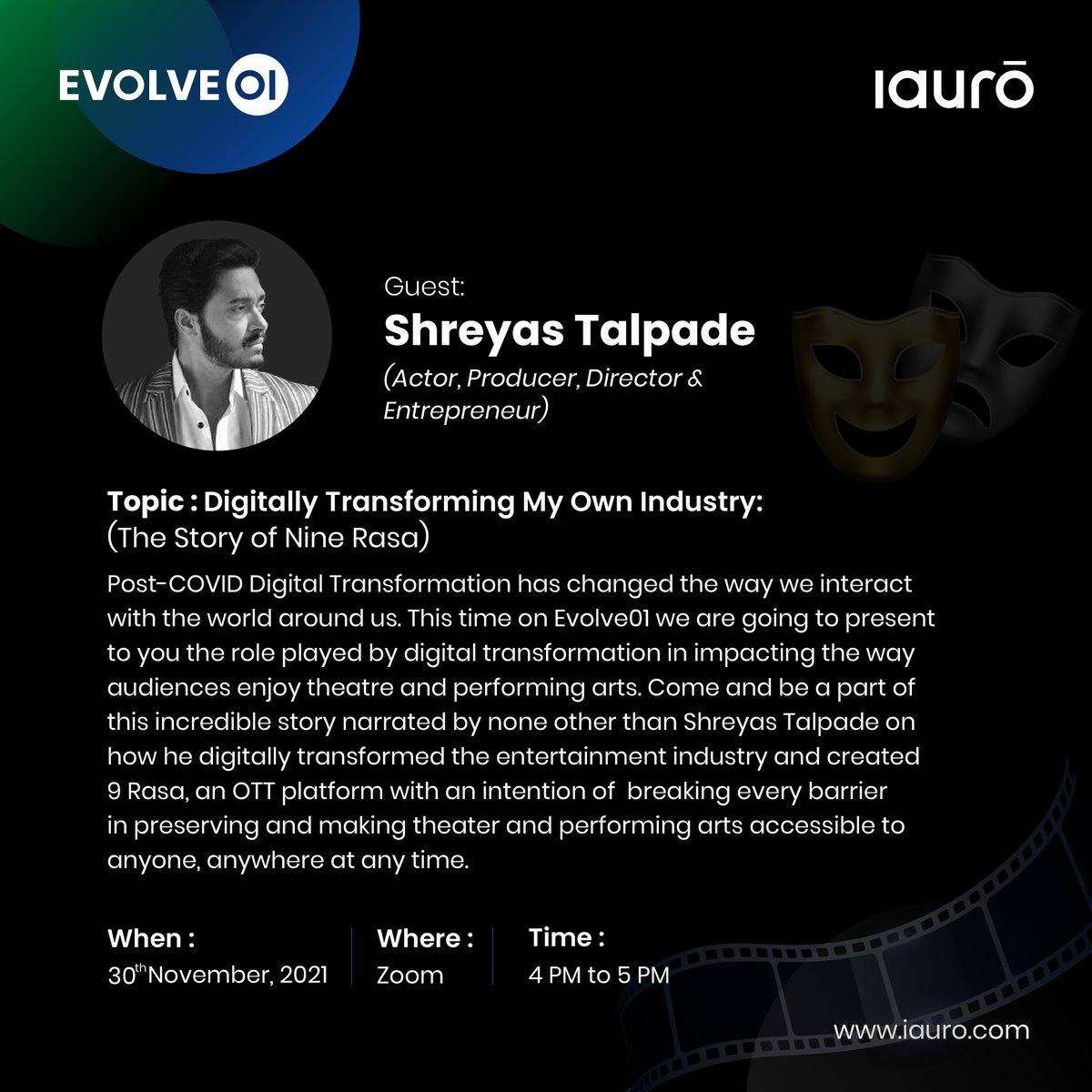 iauro's tweet photo. We are pleased to announce our next session of #Evolve 01 at @iauro with @shreyastalpade1. This session is going to be special, witness the story on the amalgamation of #9Rasas &amp; #DigitalTransformation. 
Grab your seat now: https://t.co/iBugTV7fZb #evolvetogether
@NineRasaOnline https://t.co/ysbhiHjq9E