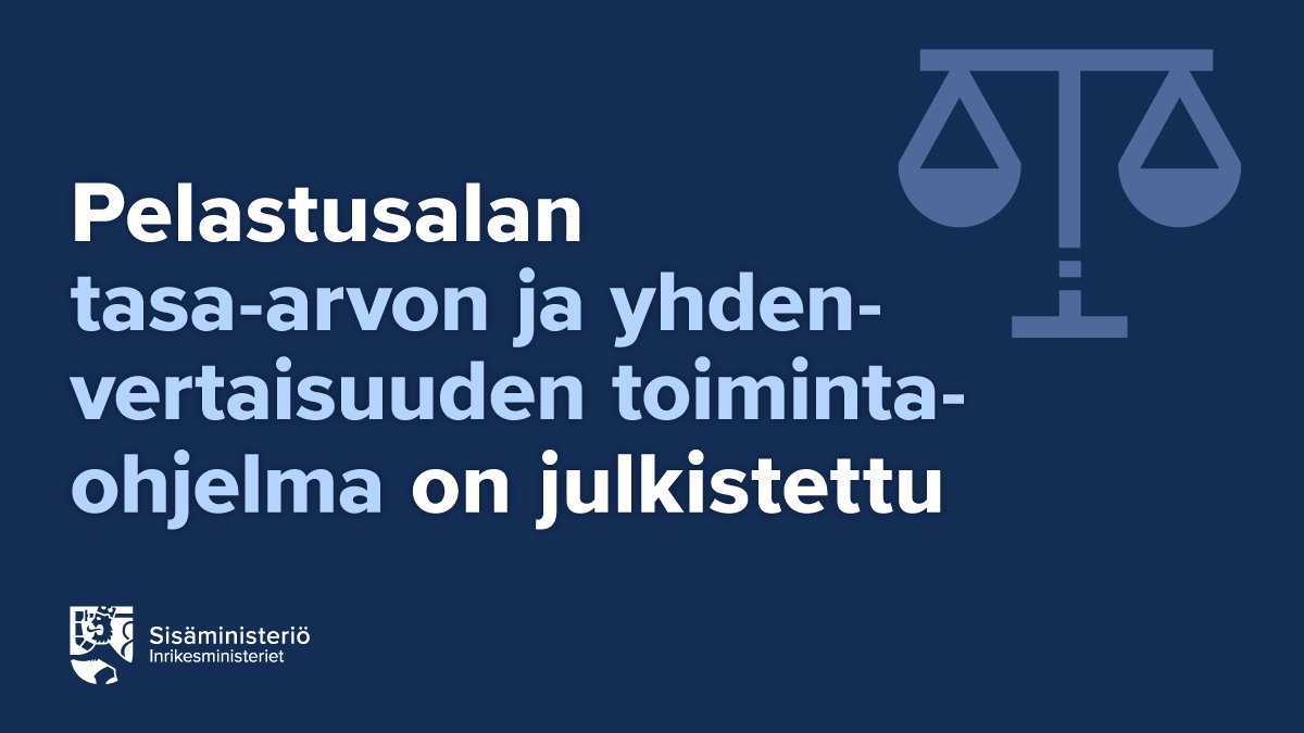 Sisaministerio's tweet photo. Pelastusalan tasa-arvon ja yhdenvertaisuuden toimintaohjelma on julkaistu. 

Toimintaohjelmassa on 38 toimenpidettä mm. koulutuksesta ja rekrytoinnista, palkkauksesta, työoloista, työvarusteista, viestinnästä sekä johtamisesta.
#pelastustoimi #pelapäivät

https://t.co/Z2RGGc2adY https://t.co/II4exO759K