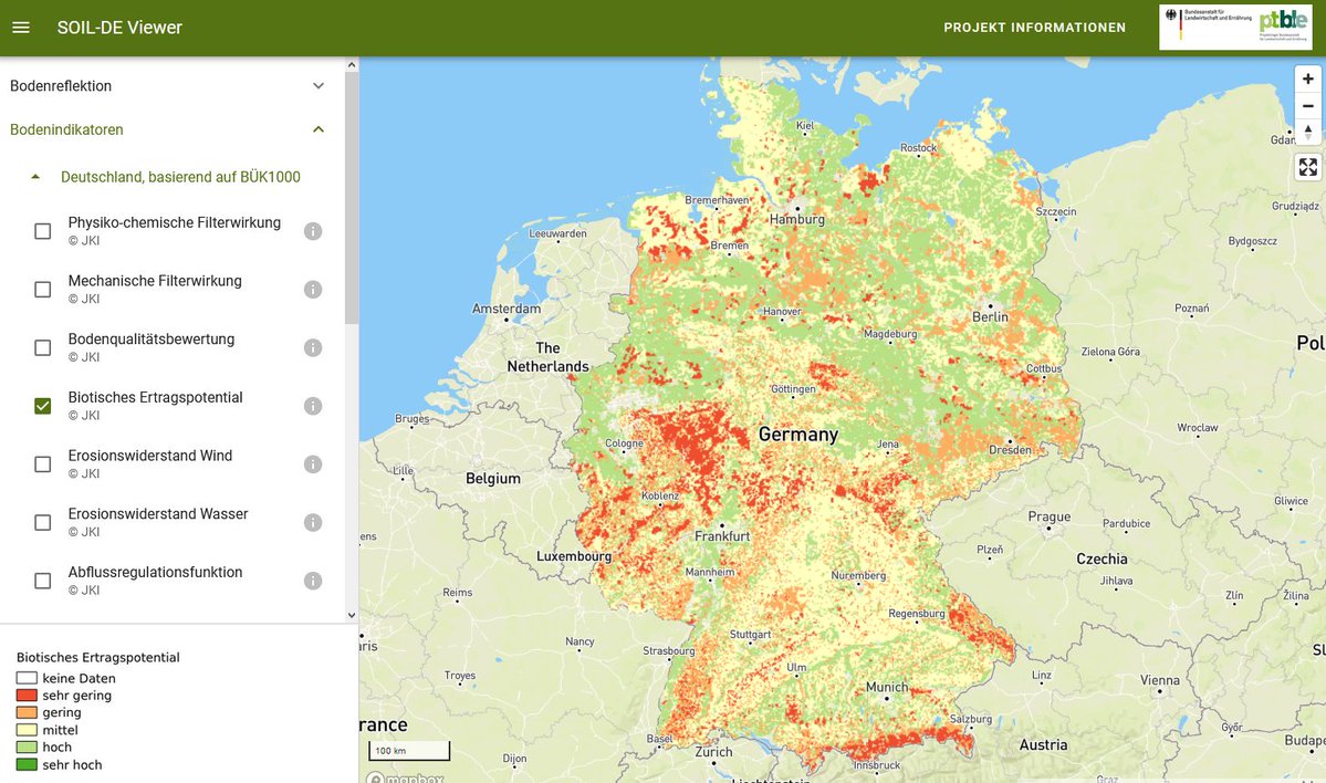 JKI_Bund's tweet photo. #KlimAgrar #SOIL-DE entwickelt aus Fernerkundungsdaten Indikatoren für die #Boden-Bewertung zur Ableitung von Handlungsempfehlungen. Der Web Viewer visualisiert die Ergebnisse der Zusammenarbeit https://t.co/dX8WH86tHv @DLR_de @UniOsnabrueck @EOMAP https://t.co/rZbxAlB6LF