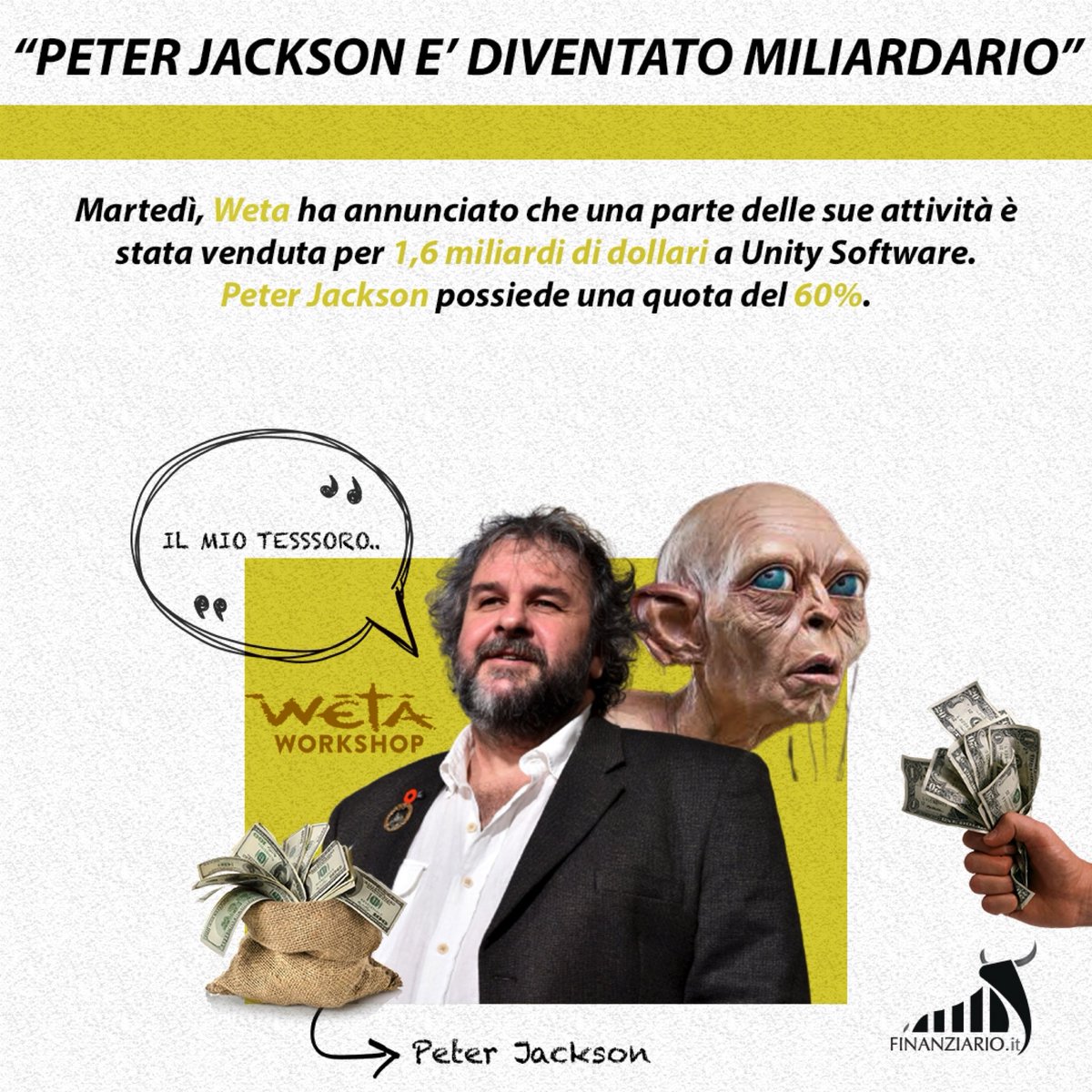 Finanziarioit's tweet photo. Peter Jackson è diventato miliardario
⏳
Martedì, Weta ha annunciato che una parte delle sue attività è stata venduta per 1,6 miliardi di dollari a Unity Software. Peter Jackson possiede una quota del 60%. 
#peterjackson #weta #money https://t.co/hzjaiE0gdm