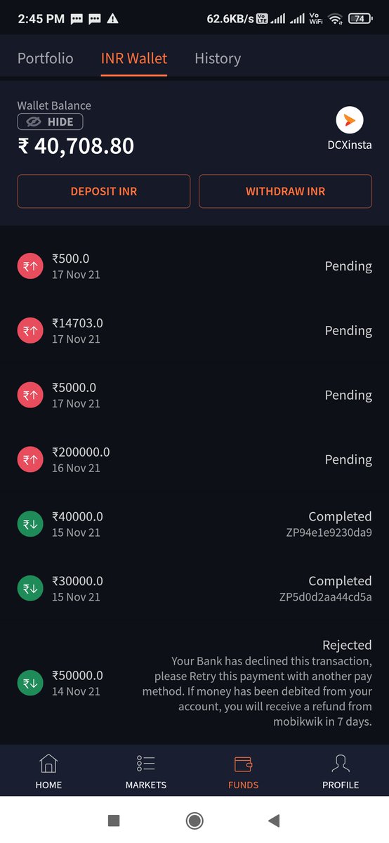 Navzzzz4's tweet photo. @CoinDCX It been more than 48hrs still withdrawal showing in pending status..how can we trade if the service is so bad...ufff https://t.co/U2xIQZV4gL