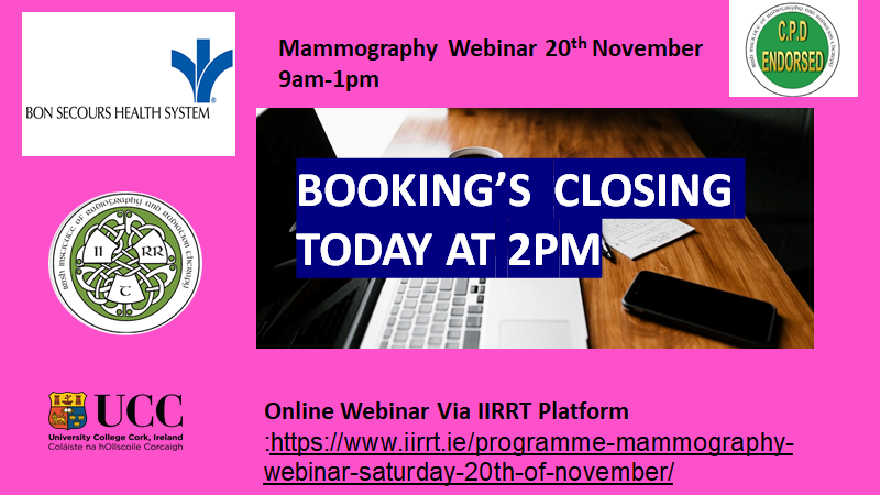 iirrt's tweet photo. Mammography webinar. Register today before 2pm if you wish to attend on Saturday morning or wish to see the full recording #mammographywebinar #cpd #iirrt #bonssecours #ucc
Book:https://t.co/RKTtsX8qp6 https://t.co/ywuays3ETS