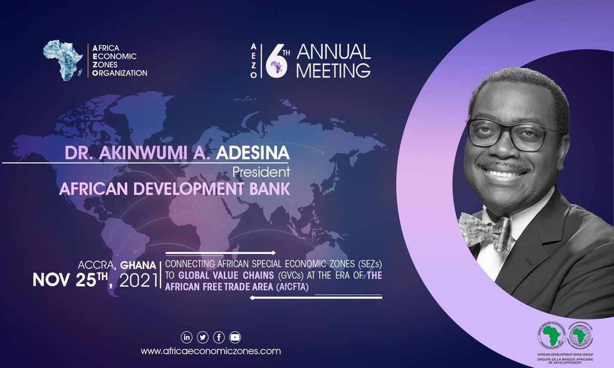 <a href="/GHANAFREEZONES1/">Ghana Free Zones Authority</a> is pleased to confirm that Dr <a href="/akin_adesina/">Dr. Akinwumi A. Adesina, CON, CGH</a> the 8th elected President of the <a href="/AfDB_Group/">African Development Bank Group</a>,will hold a keynote speech at the <a href="/AEZORGANIZATION/">Africa Economic Zones Organization</a> 6th Annual Meeting. .
<a href="/gipcghana/">Ghana Investment Promotion Centre</a> <a href="/Citi973/">CITI FM 97.3</a> <a href="/Joy997FM/">Joy 99.7 FM</a> <a href="/GEPAGhana/">Ghana Export Promotion Authority 🇬🇭</a> @moigovgh <a href="/MoF_Ghana/">Ministry of Finance, Ghana</a> @Starr1035Fm