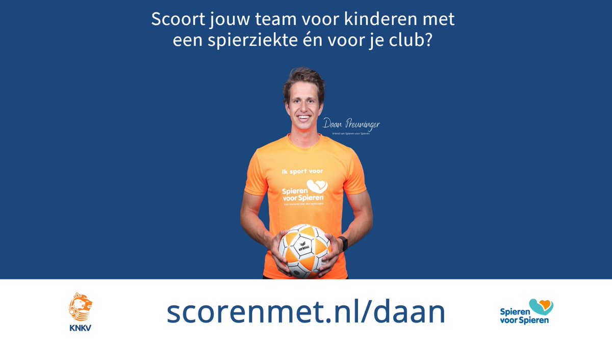 Met het maken van goals geld verdienen voor <a href="/SpierenvSpieren/">Spieren voor Spieren</a> én je club? Tot 29 december kunnen alle korfbalteams een wedstrijd laten sponsoren voor 1 euro per 3 doelpunten.

Meedoen aan de actie is eenvoudig. Ga snel naar scorenmet.nl/daan!