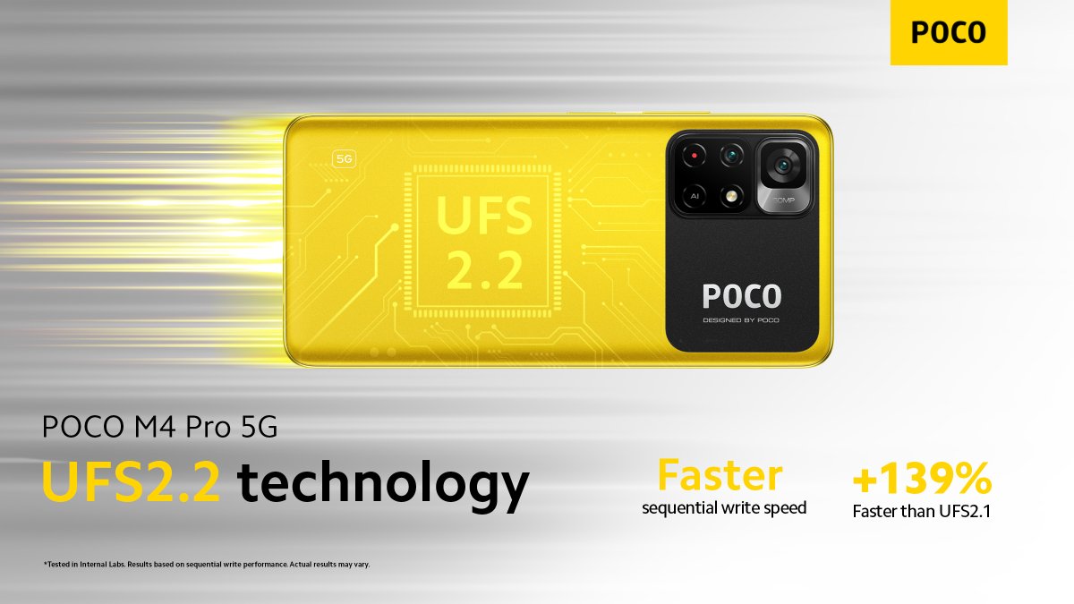 POCOGlobal's tweet photo. When it comes to speed☄️. 

#POCOM4Pro 5G improves the device performance with UFS2.2👏 which means faster sequential write and read speed✏️. 

#PowerUpYourFun https://t.co/VOEfwOX7LO