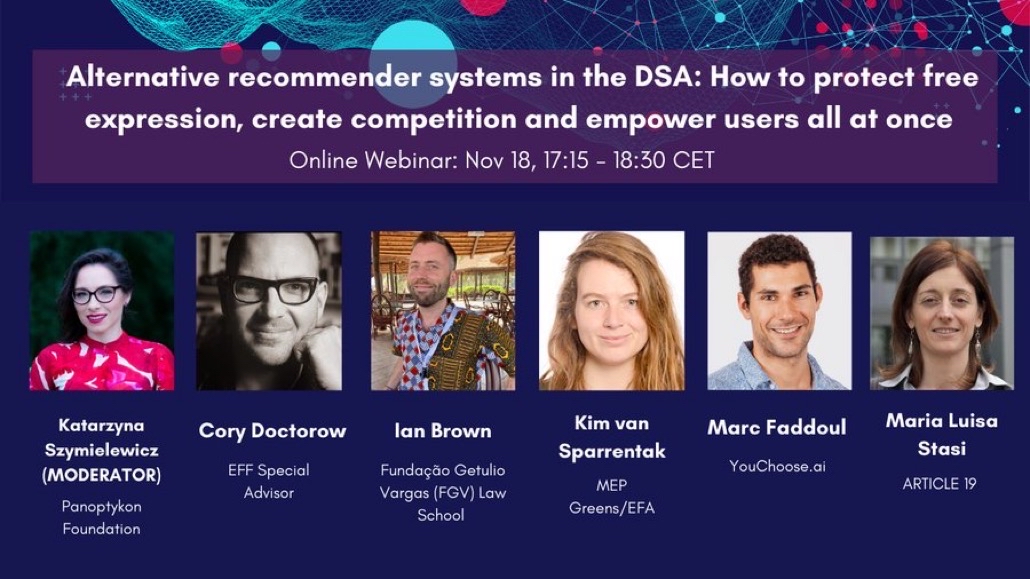 article19org's tweet image. Register for today's joint webinar in partnership with @EPDeu, @Accessnow &amp;amp; @Panoptykon on Alternative recommender systems in the #DigitalServicesAct🇪🇺

With @doctorow, @YouChooseAI, @szymielewicz, @1Br0wn, ARTICLE 19's @Isa_Stasi + more!
⏰CET 17:15 
➡️bit.ly/3FyzRRh
