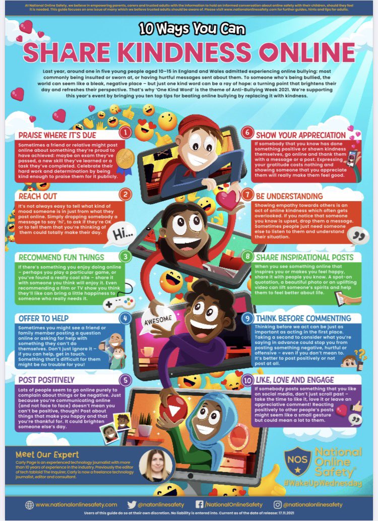 LLT_Year8and9's tweet photo. As part of #AntiBullyingWeek here are some excellent tips to share kindness online and also in staying safe online #OnlineSafety https://t.co/U3ZqachxDP