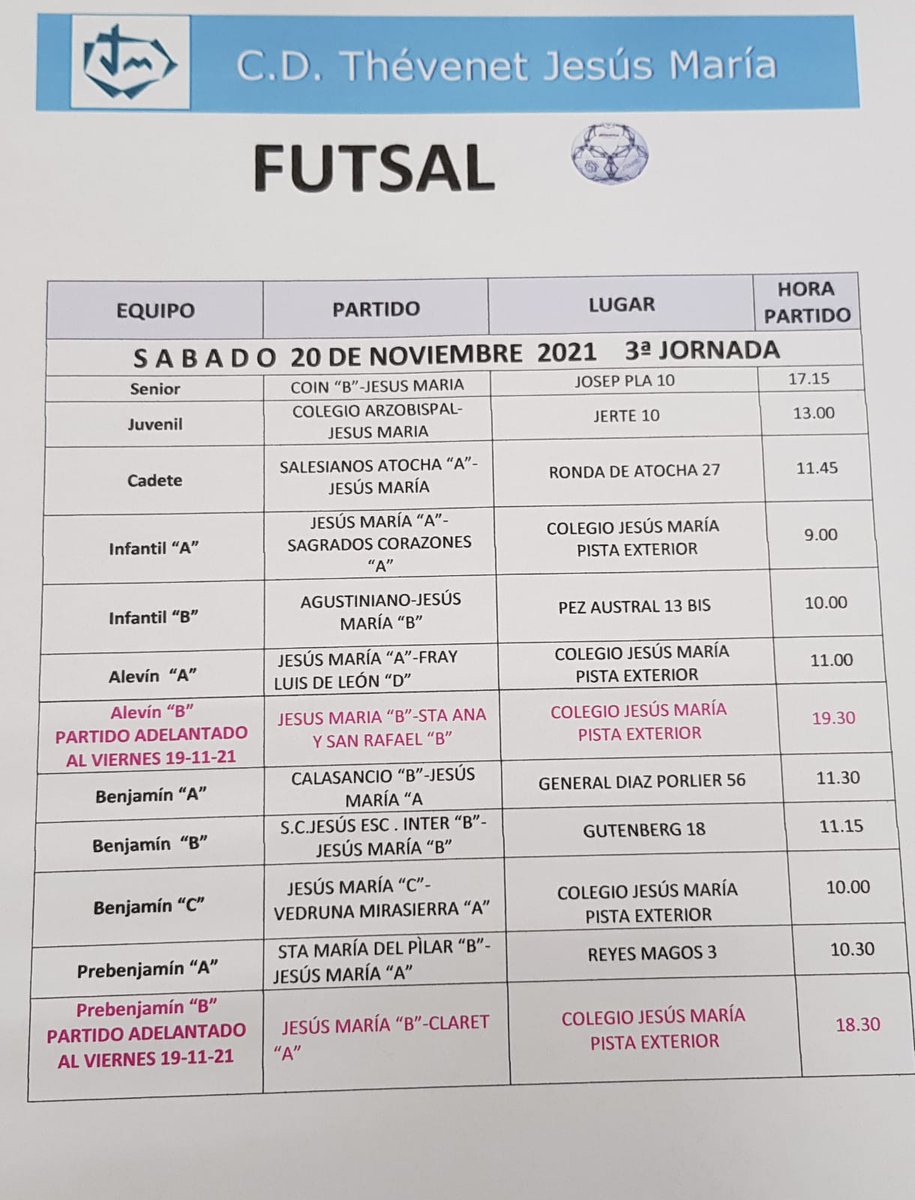 Aquí están los horarios de este fin de semana (20-21 Noviembre). Otra jornada más de FUTSAL Y BALONCESTO <a href="/cdjesusmaria/">C.D. Jesús María</a> en <a href="/DeportesECM/">DeportesECM</a> y en <a href="/FBMadrid/">Fed. Bcto. de Madrid</a>.
Son jornadas especiales porque vuelven los padres a ver sus hijos disfrutar con el deporte, competir... Suerte y a disfrutar!!