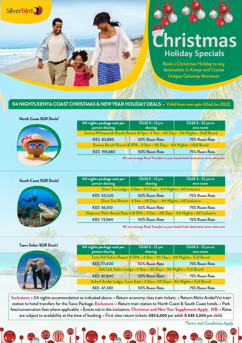 silverbirdtours's tweet photo. Sample some of our SGR Coast Packages for this upcoming Christmas Period!! Check poster for contact details!!
#christmas2021 #kenyacoast #sgrpackage #sgr #TembeaKenya #magicalkenya #silverbirdtravelplus https://t.co/owl3VeutVZ