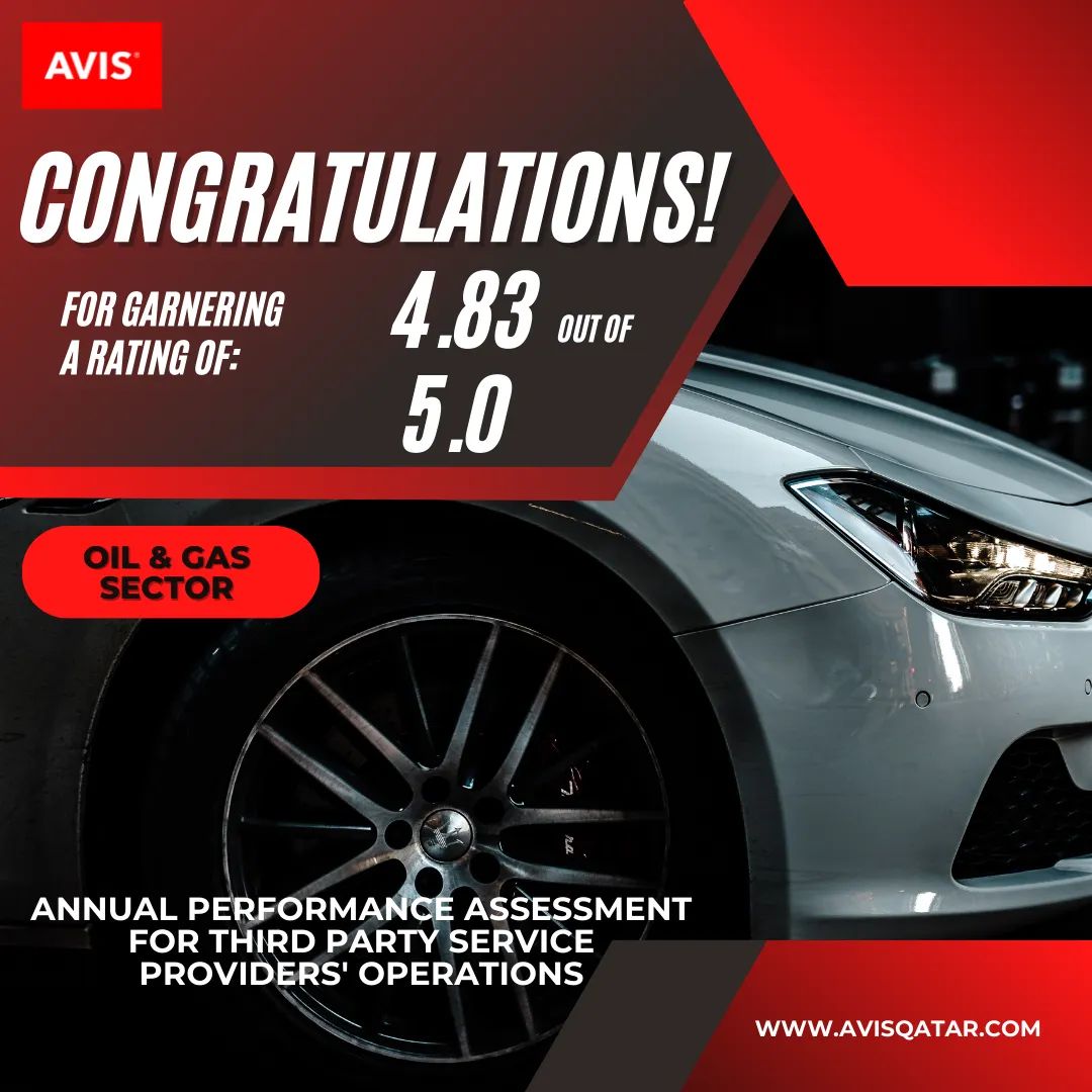 Avis_Qatar's tweet photo. AVIS Qatar has been evaluated by our valued client from the Oil &amp; Gas sector with a rating of 4.83 out of 5.0 on the latest Annual Performance Assessment for Third-Party Service Providers' operations. Congratulations to all the participating teams!

#AVIS #AVISQatar #CarRenting https://t.co/Wa1DEdWUmC