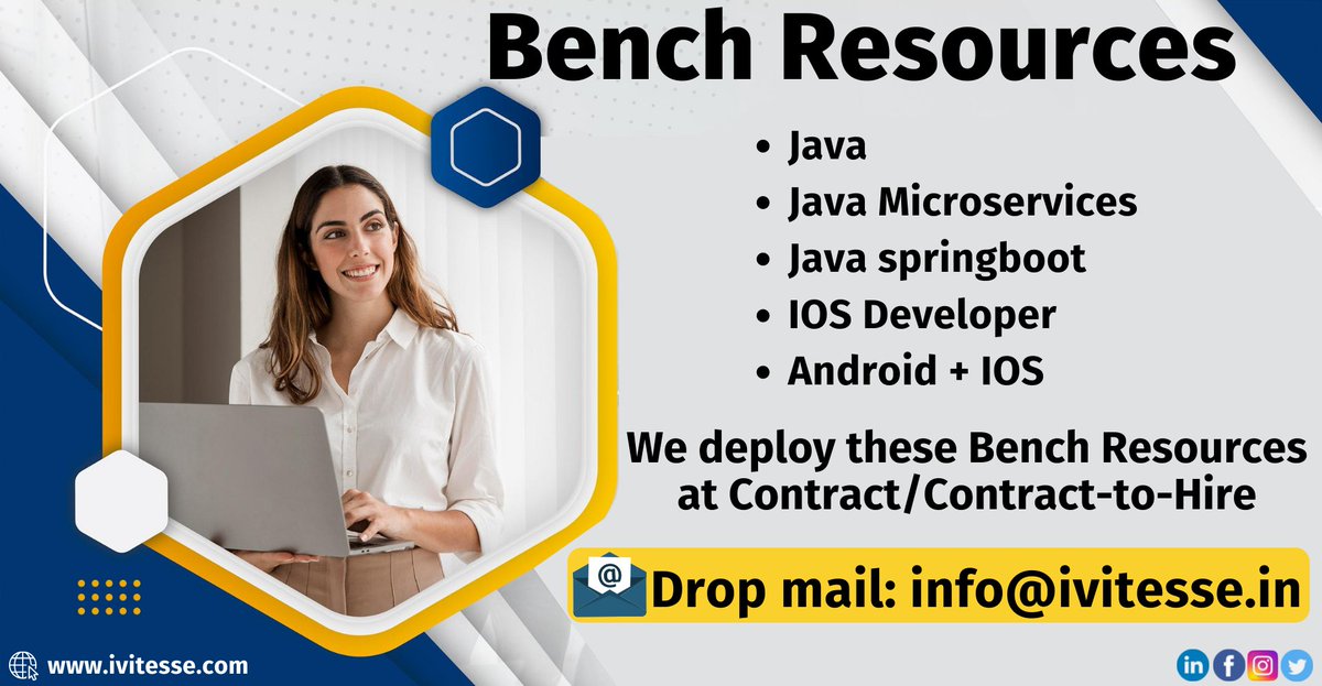 ivitessetech's tweet image. 👉We Deploy these Bench Resources on Contract/ Contract-to-Hire

📲Drop E-Mail: 📩 info@ivitesse.com 

#benchresources #java #javamicroservices #javaspringboot #iosdeveloper #androiddeveloper #resources #contractjobs #contracttohire #mail #ivitesse #ivitessetechnologies