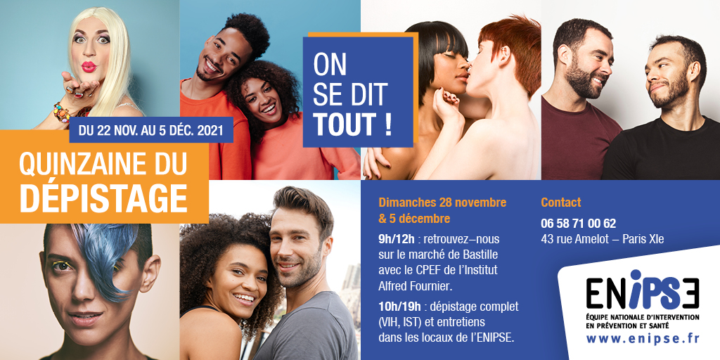 L'institut Alfred Fournier et l'Enipse quinzaine du dépistage. Dimanches 28 novembre et 5 décembre venez nous retrouver sur le marché de Bastille dépistage complet VIH et IST dans les locaux de l’ENIPSE #DepistageIST2021 #Sante #LGBTQ #Sida