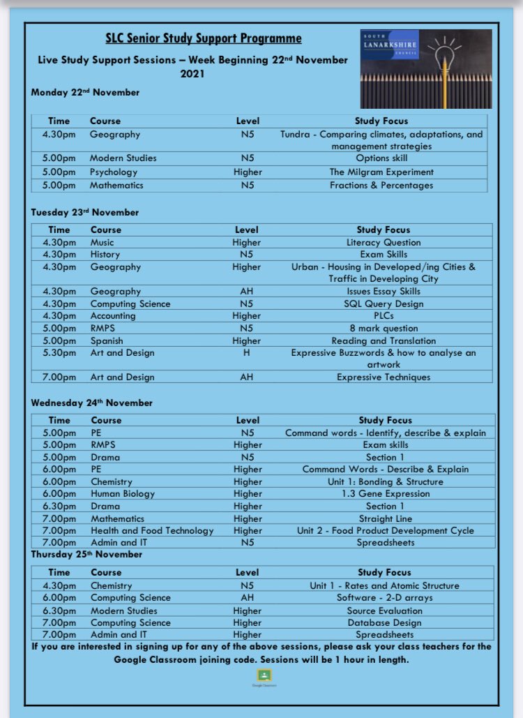 StJOHS's tweet photo. SLC are running virtual supported study classes for S4-6 pupils starting Monday 22nd November. Details and schedule below. Google classroom codes can be obtained from class teachers for any pupil wishing to join. https://t.co/LtnT4IOFju