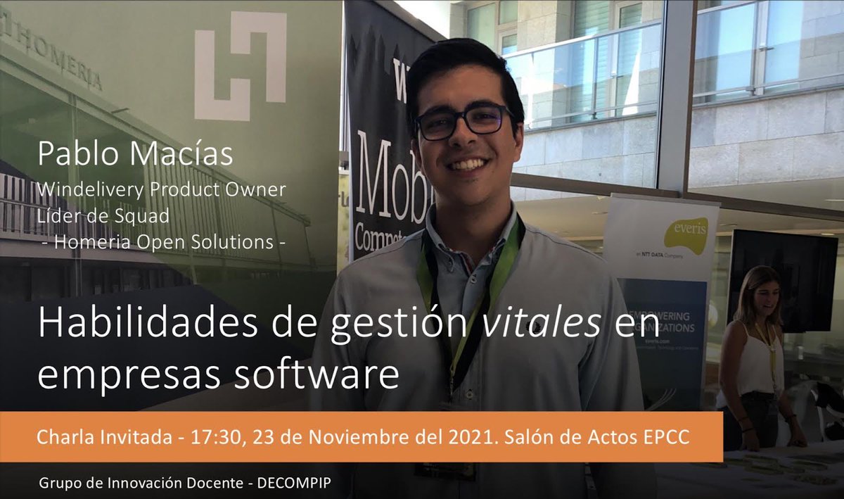 No te puedes perder la charla sobre “Habilidades vitales de gestión en empresas software” el 23 de nov en la Escuela Politécnica <a href="/EPCC_Unex/">Escuela Politécnica CC</a> de Cáceres de <a href="/infouex/">UEx</a> Pablo Macías-WinDelivery Product Owner en <a href="/homeria/">Homeria</a>