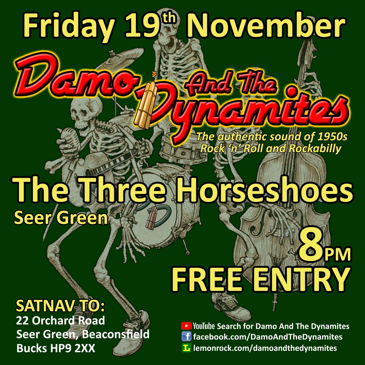 DamoDynamites's tweet photo. Tomorrow we're playing The Three Horseshoes in #SeerGreen @beaconsfield - 8pm, #rocknroll #freegig. Come along! https://t.co/uBPs8f06jz