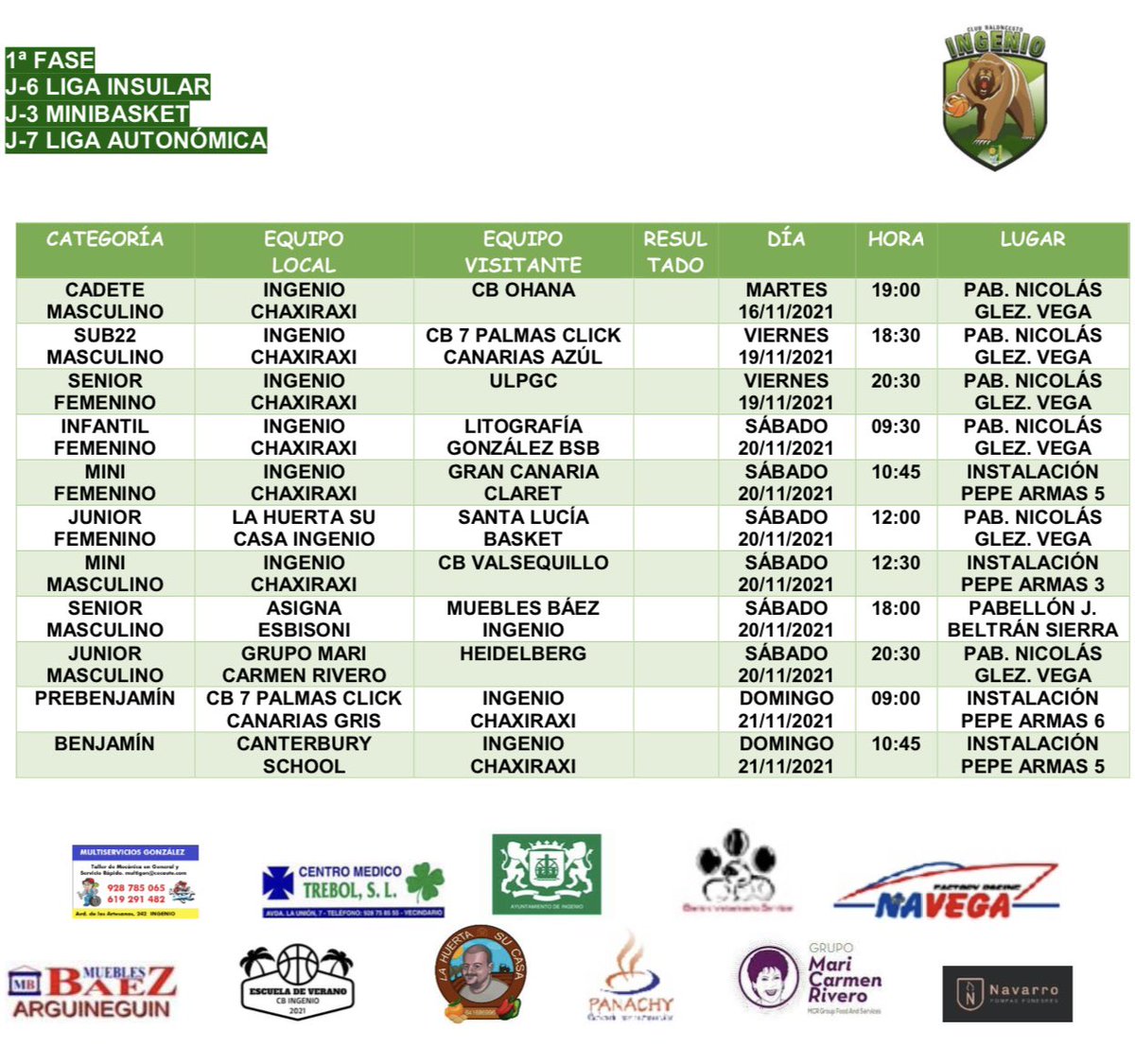 CbIngenio's tweet photo. Buenos días!☀️🏀
Estos son los partidos que jugarán nuestros equipos esta semana⛹️‍♀️⛹️‍♂️🙌
Mucha suerte a todas y a todos 💪🐻💚
#cbingenio #villadeingenio #jornada #baloncesto #deportecanario #basket https://t.co/aFkAl1dXfA