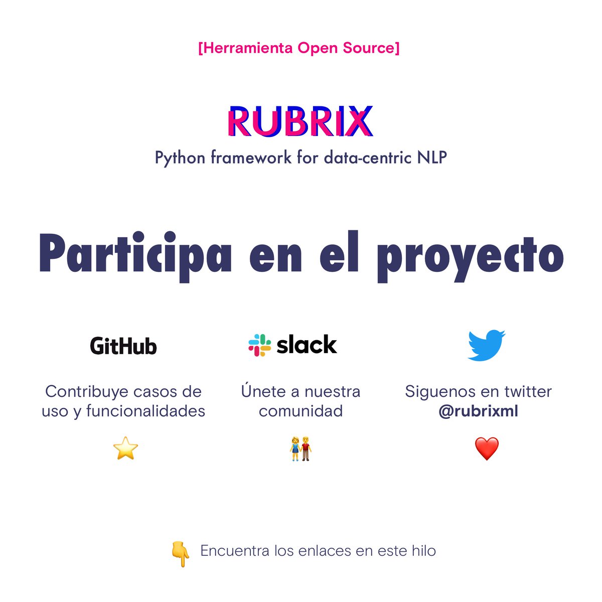 NlpSpain's tweet photo. El lunes @dvilasuero nos enseñó @rubrixml una herramienta opensource que ayuda en la creación de conjuntos de datos. Si te perdiste la charla puedes verla aquí:

https://t.co/CjLCpnbznn

Puedes contribuir al proyecto por cualquiera de los diferentes canales que tienen disponible https://t.co/qsCOTzNswG