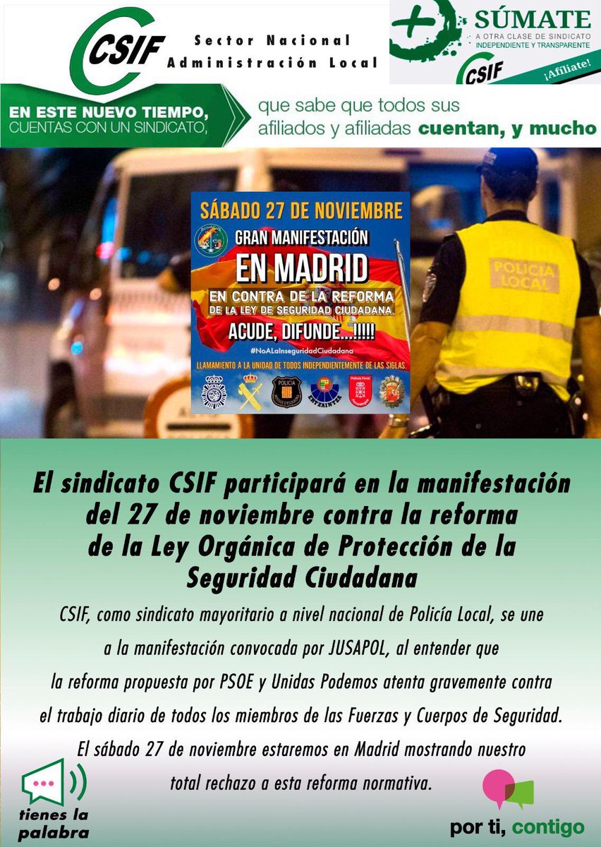 CSIFnacional's tweet photo. #CSIF se suma a la manifestación del #27N contra la reforma de la Ley de Seguridad.

📢Acompañaremos a miles de policías locales de toda España para defender la autoridad, la dignidad y la seguridad de profesionales y ciudadanos
#NoALaInseguridadCiudadana
https://t.co/S1xcId6uAI https://t.co/XlInz2cKuA