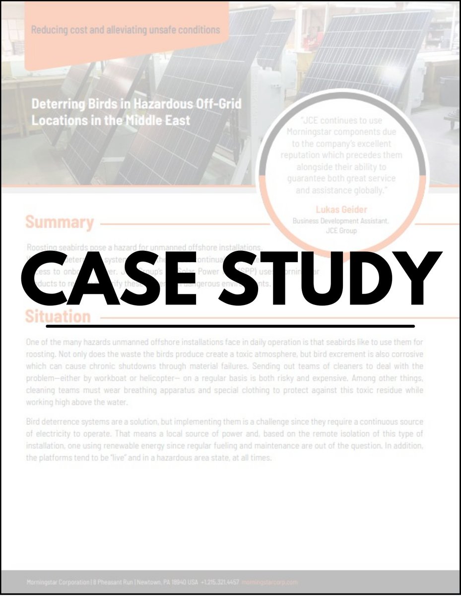 jceenergy's tweet photo. JCE and new OEM partner Morningstar Corporation have already been working together for decades to provide reliable solar power solutions.
One of these projects included the unique design of our Ex Solar Power Pod range as a bird deterrent system.

View: 
https://t.co/Jxjpy6ibHB https://t.co/rgtG4Cjx0E