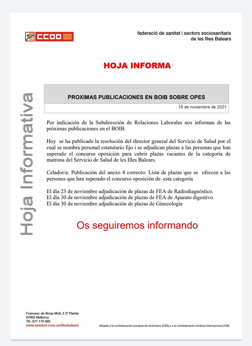FSS CCOO ILLES BALEARS (@fssccooibalears) on Twitter photo La @FSSCCOOLESILLES informa sobre distintas #OPE #IBSALUT <a href="/fssccoo/">FSS-CCOO</a> @CCOOHUSEYHG @patino_fontan <a href="/CcooSon/">CCOO Hospital Son Llàtzer - Hospital Joan March</a> <a href="/fssccoollevant/">FSS CCOO MALLORCA LLEVANT</a> <a href="/fssccoohcin/">FSS CCOO HCIN</a> <a href="/CCOOfssPrivada/">FSS CCOO S.Privada y Dependencia</a> <a href="/CCOOBalears/">CCOO Illes Balears</a> <a href="/SanidadCcoo/">ccoosanitatmenorca</a> <a href="/bernardo_cera/">Isabel A. Bernardo Cera</a> <a href="/PabloFSSCCOO/">Pablo Vicente Vidal</a> <a href="/TopLogan77/">TopLogan 🧔🏻🩺🏳️🌈 (Raúl)</a> @juanpons68 La @FSSCCOOLESILLES informa sobre distintas #OPE #IBSALUT <a href="/fssccoo/">FSS-CCOO</a> @CCOOHUSEYHG @patino_fontan <a href="/CcooSon/">CCOO Hospital Son Llàtzer - Hospital Joan March</a> <a href="/fssccoollevant/">FSS CCOO MALLORCA LLEVANT</a> <a href="/fssccoohcin/">FSS CCOO HCIN</a> <a href="/CCOOfssPrivada/">FSS CCOO S.Privada y Dependencia</a> <a href="/CCOOBalears/">CCOO Illes Balears</a> <a href="/SanidadCcoo/">ccoosanitatmenorca</a> <a href="/bernardo_cera/">Isabel A. Bernardo Cera</a> <a href="/PabloFSSCCOO/">Pablo Vicente Vidal</a> <a href="/TopLogan77/">TopLogan 🧔🏻🩺🏳️🌈 (Raúl)</a> @juanpons68