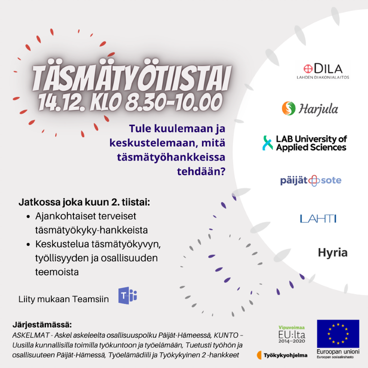 Katja_M_Aalto's tweet photo. Päijät-Hämeen työkykyhankkeiden #Täsmätyötiistai on pian ajankohtainen📅! #työkyky #työkykyohjelma #Työelämädiili #TEpalvelupilotti #ESRhanke #TYPOhanke
Kaikki aiheesta kiinnostuneet ovat tervetulleita mukaan oheisen Teams-linkin kautta ➡️https://t.co/3KHjXoTcDR https://t.co/UEs3ulM5RD