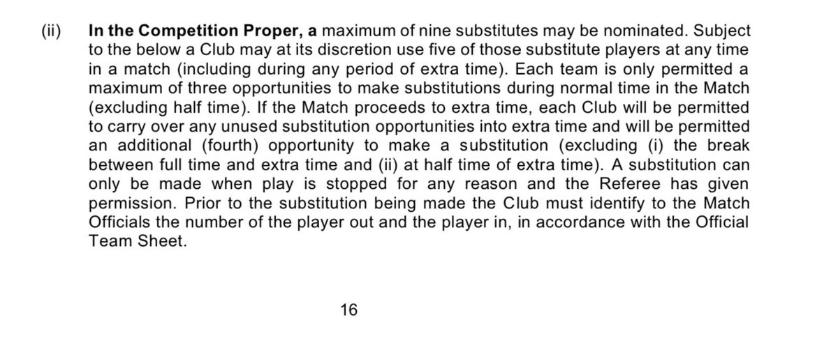 InsuranceSouthW's tweet photo. @HEDanielClark Can you explain your confusion on this? I genuinely don’t understand how it can be interpreted differently. The rule states 5 subs can be used at anytime, including extra time. Then states unused substitution opportunities can be carried over https://t.co/03vt6UpIJZ