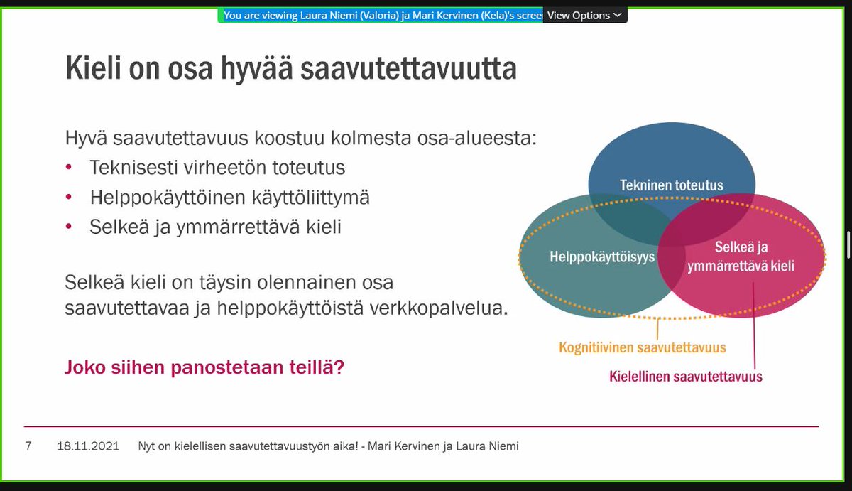Saavutettavuus tarkoittaa parempaa palvelua ihan jokaiselle. Selkeä kieli korostuu digipalveluiden toteuttamisessa, muistuttavat @marikervinen ja @niemenlaura 

#saavuta-webinaarissa ollaan tärkeiden asioiden äärellä👍

#verkkoviestintä #selkeäkieli