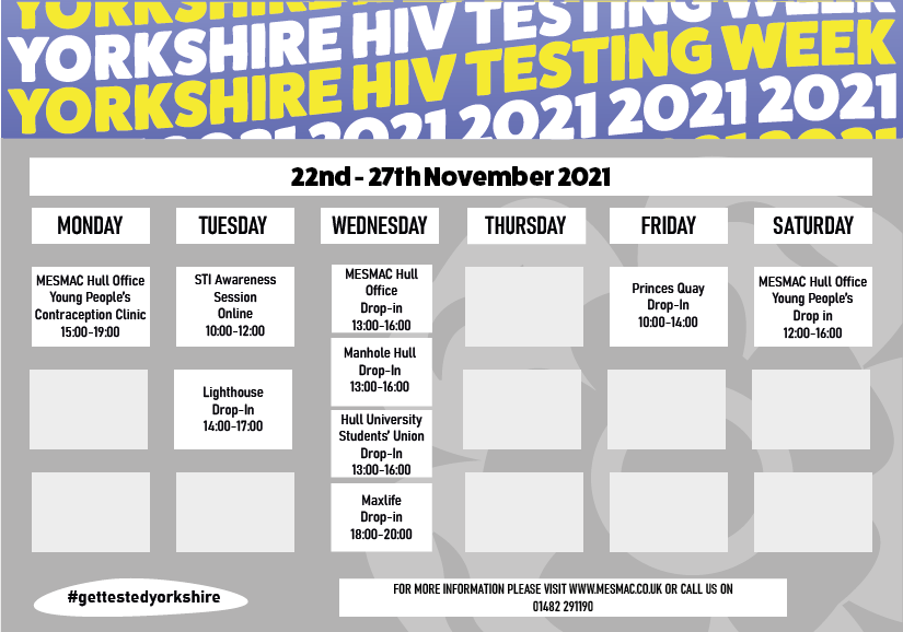HullMesmac's tweet photo. Next week is Yorkshire HIV Testing Week! We're holding loads of drop-in testing sessions around the city, so there's never been a better time to find out your status

Catch us at any of the locations below and #GetTestedYorkshire 💜 https://t.co/pf6QaUIrfv