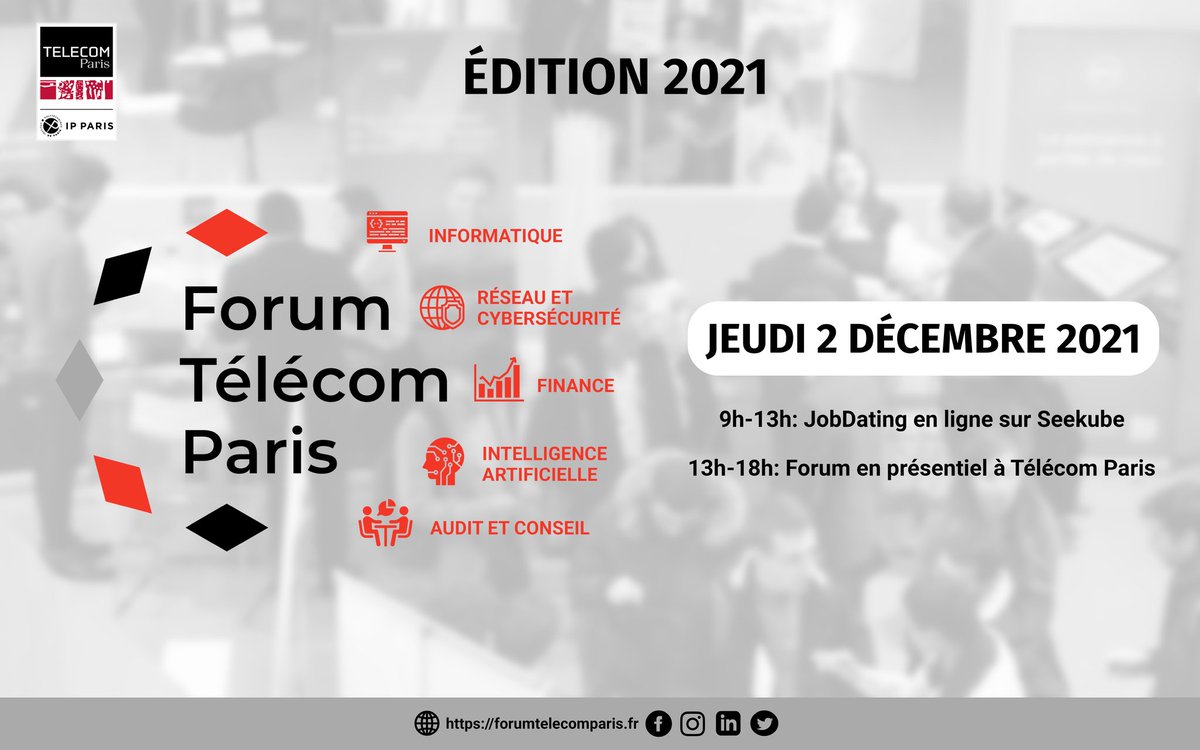 Forum_TP's tweet photo. Plus que 2 semaines avant l'édition 2021 du Forum Télécom Paris ⏳ !
🌐 N'oubliez pas de vous inscrire sur notre site internet afin de déposer votre CV 👇
https://t.co/4Ptmim1DDt
ℹ Le lien d'accès à la plateforme @SeeKube sera mis en ligne demain. https://t.co/4zWkCneYAV