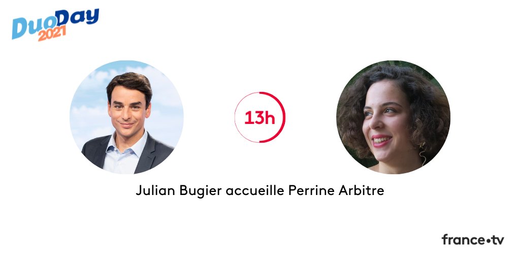 Francetele's tweet photo. 👥 #DuoDay2021 | Dans le #JT13h, @JulianBugier forme un duo avec Perrine Arbitre, étudiante à l'@IFPjournalisme !

📺 À suivre sur @France2tv https://t.co/wxbHWymirz