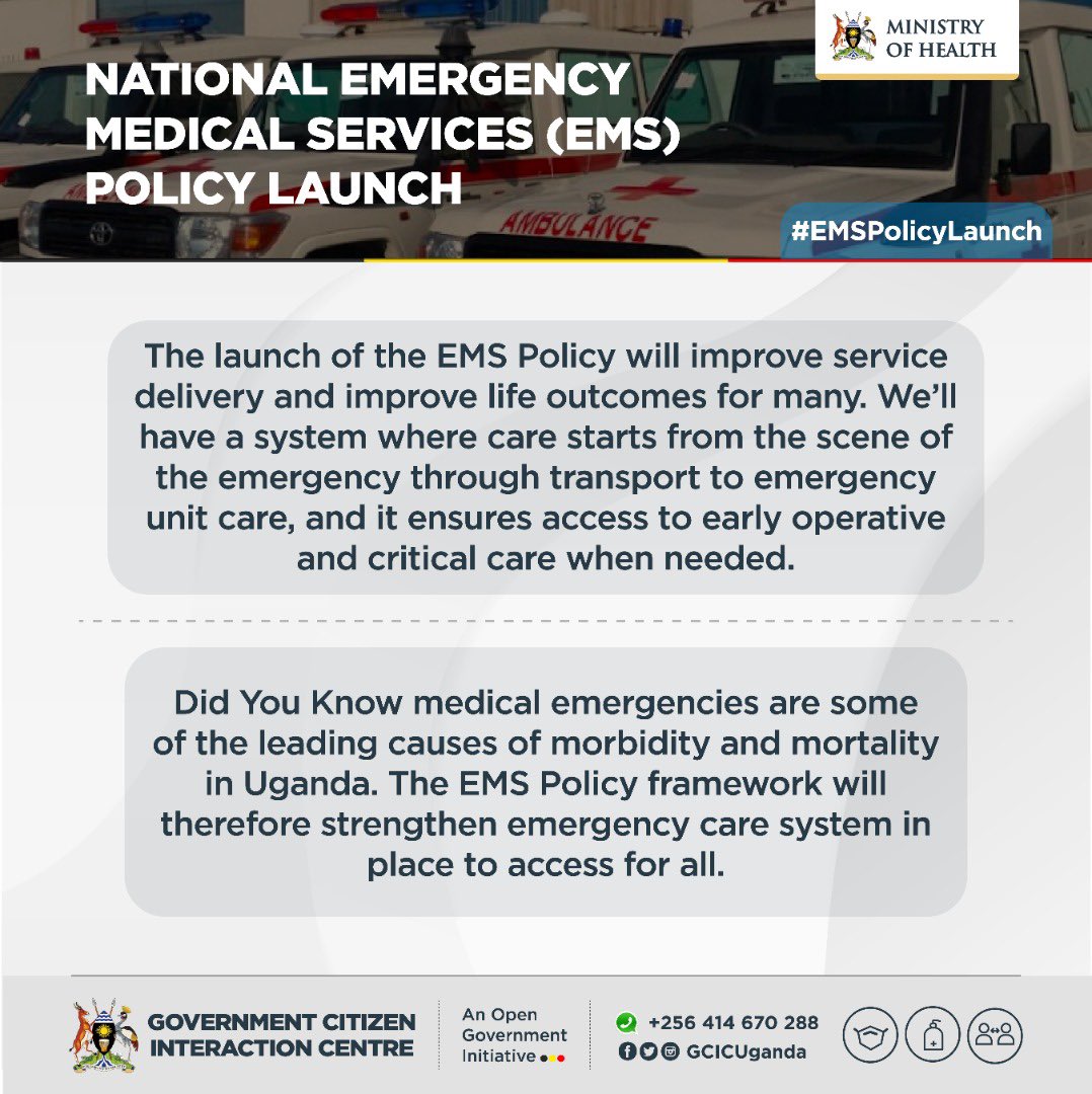 The @MinofHealthUG this afternoon launches the #EMSPolicyUG. 

This policy will improve service delivery and life outcomes for many, there will be a system where care starts at the emergency scene through transport to the unit care to reduce morbidity&mortality in Uganda.