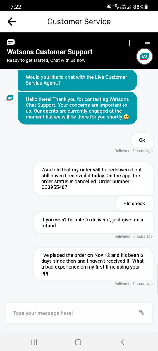 BlessiePanda's tweet photo. @WatsonsPH it will help if there's an actual response to messages aside from chatbots. Ordered 6 days ago, haven't received my order nor have been updated about the status after your app shows it's cancelled. Sent 3 messages already and chatted 2x, still no update. https://t.co/3KnQt0QP48